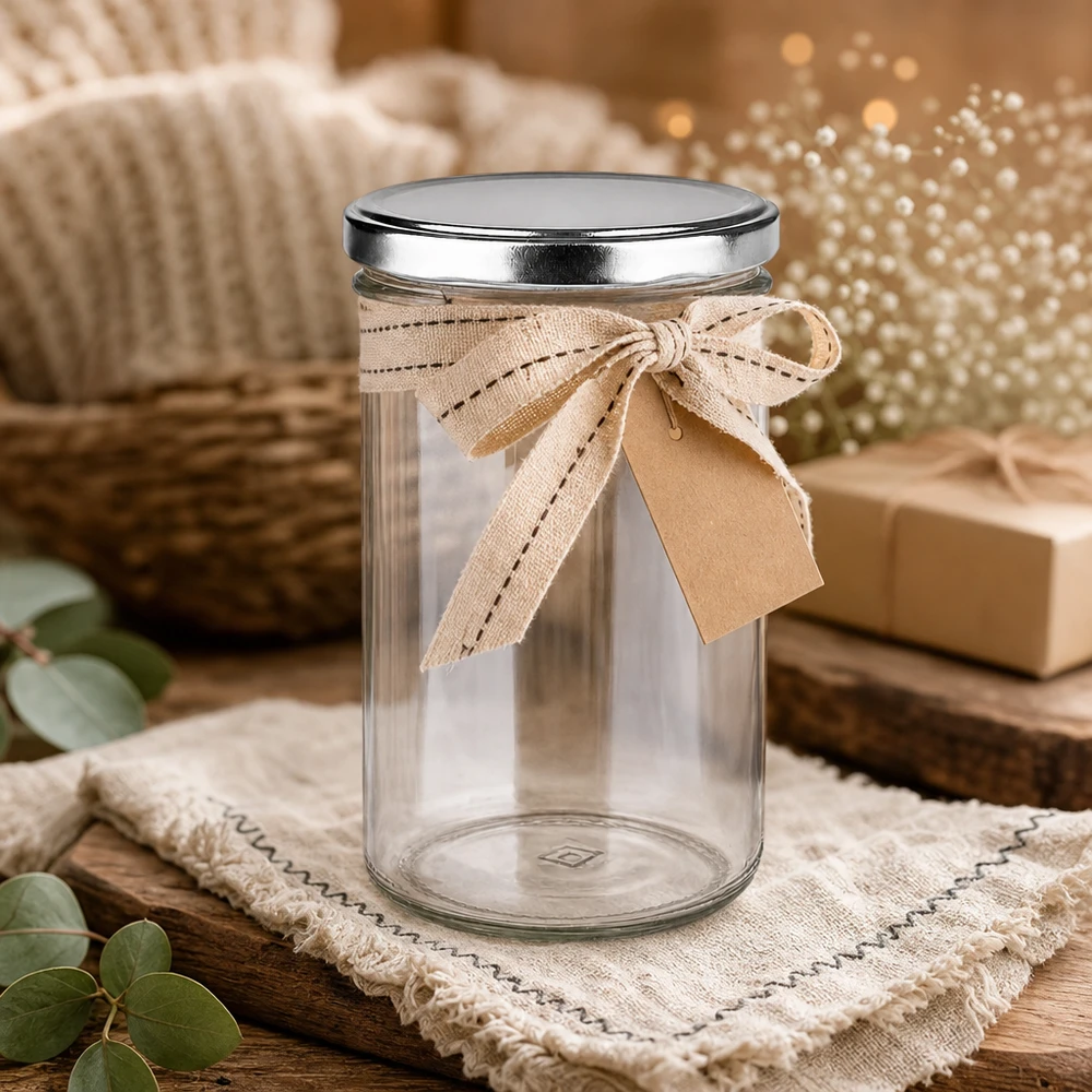 230ml Verre conique avec couvercle BasicSeal argent UNiTWIST 277ml verre renversé avec couvercle BasicSeal argenté décoratif avec ruban emballage cadeau aspect bois rustique ambiance