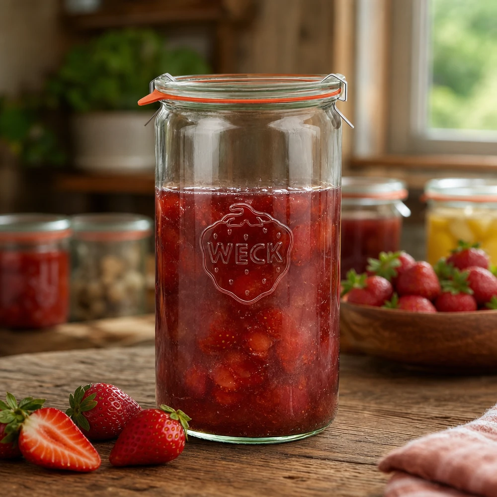 WECK Pot de conserve 1590ml rempli de confiture de fraises sur une table en bois avec des fraises fraîches en arrière-plan