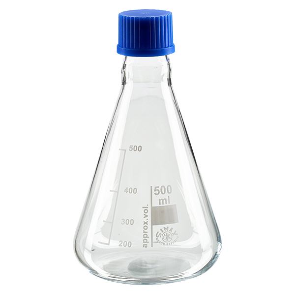 Erlenmeyer 500 ml col étroit, verre borosilicate avec filetage et bouchon