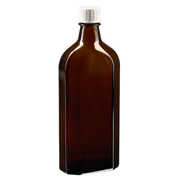 Flasque brune de 250 ml au goulot DIN 22, avec bouchon à vis DIN 22 blanc et bague anti-gouttes Flasque brune de 250 ml au goulot DIN 22, avec bouchon à vis DIN 22 blanc et bague anti-gouttes