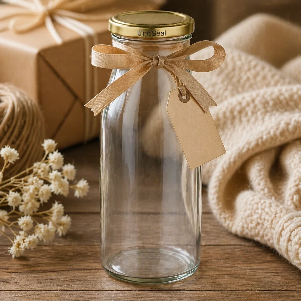 UNiTWIST Bouteille en verre de 150ml présentée de manière décorative avec un ruban Bouchon BioSeal doré Idée cadeau Lifestyle