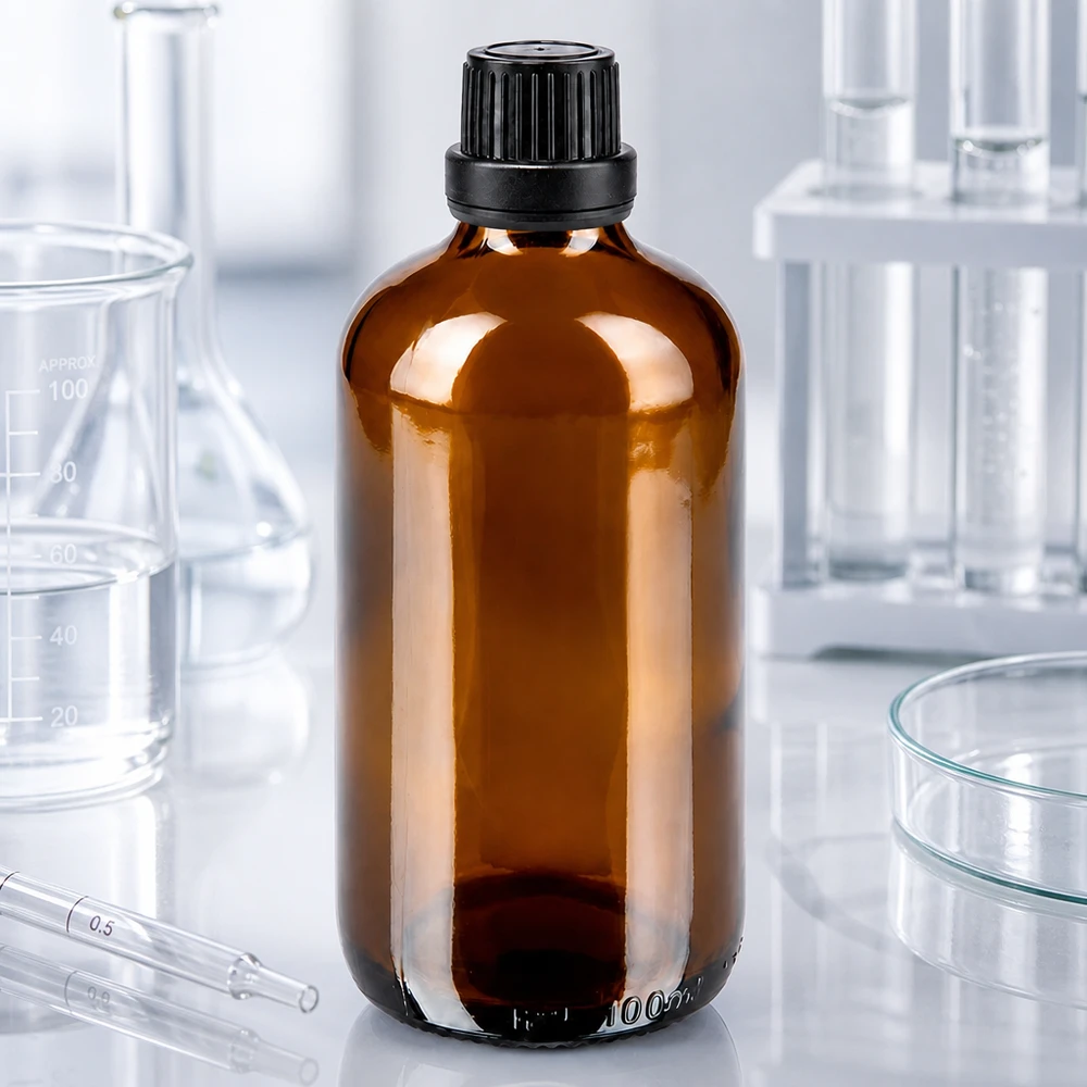 Flacon classique en verre ambré de 100 ml, muni d'un bouchon à vis noir et d'une pipette