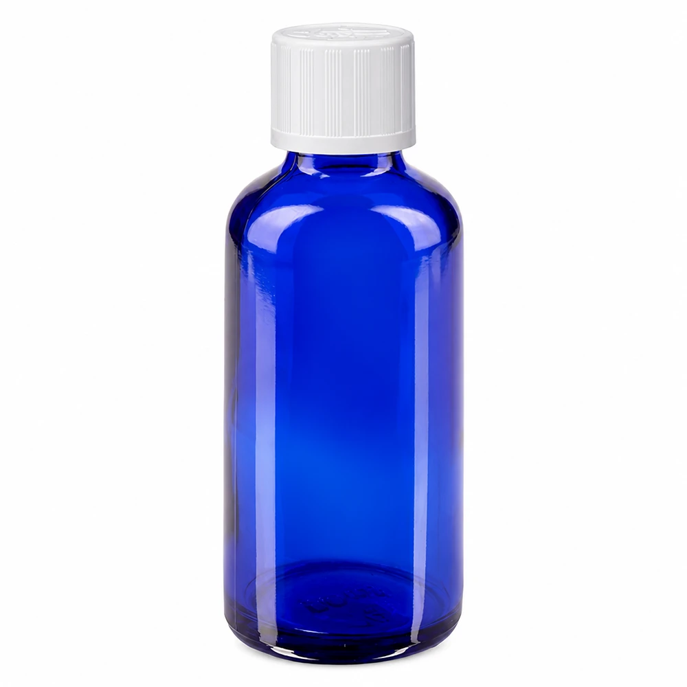 Flacon à pharmacie bleu 50ml bouchon vissable blanc séc. enf. std Flacon en verre bleu de 50 ml avec bouchon à vis blanc et sécurité enfant standard