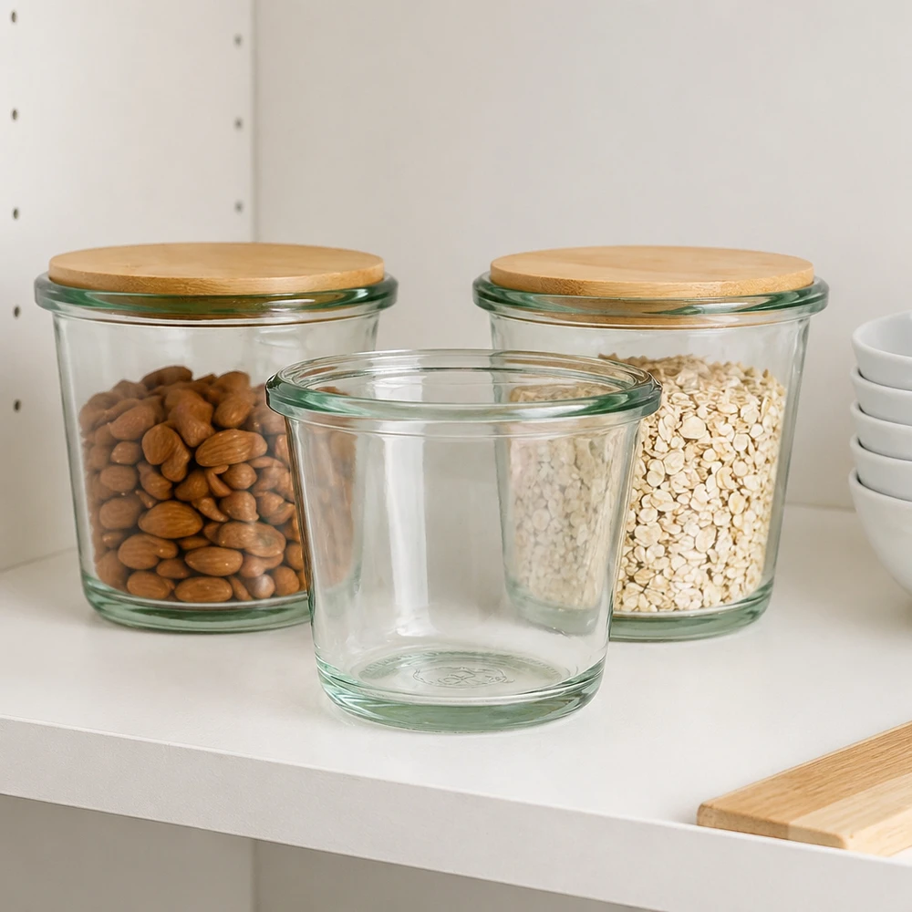 80ml WECK Gourmetglas RR60 dans la cuisine moderne comme bocal de réserve pour les noix et les flocons d'avoine avec couvercle en bambou