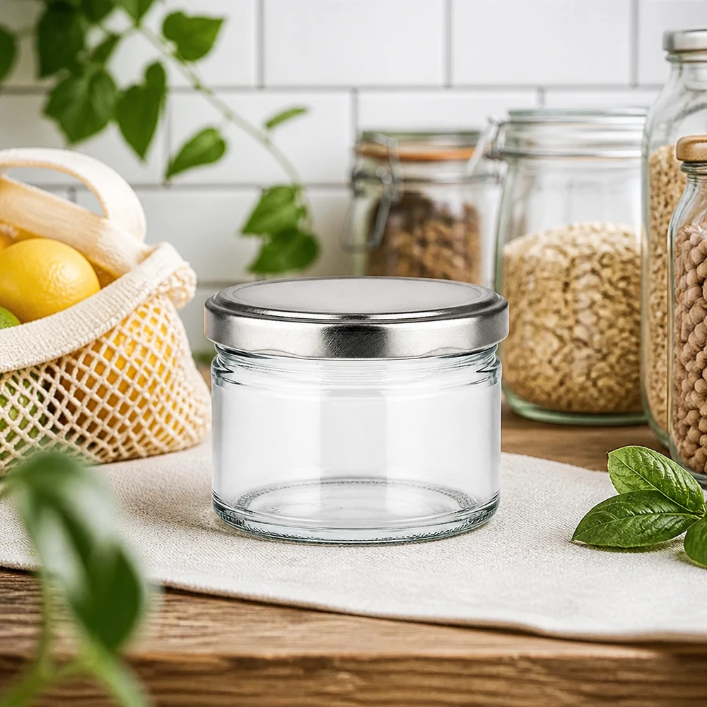 Bocal rond de 540ml avec couvercle argenté dans une cuisine moderne, bocal de conservation durable entre les bocaux à provisions