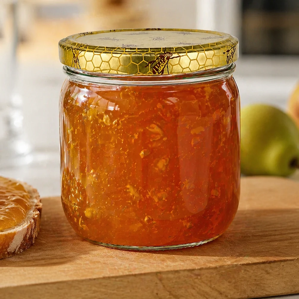 Pot de miel de 500g avec couvercle en nid d'abeille rempli de confiture dorée à côté de pain et de pomme verte sur planche de bois