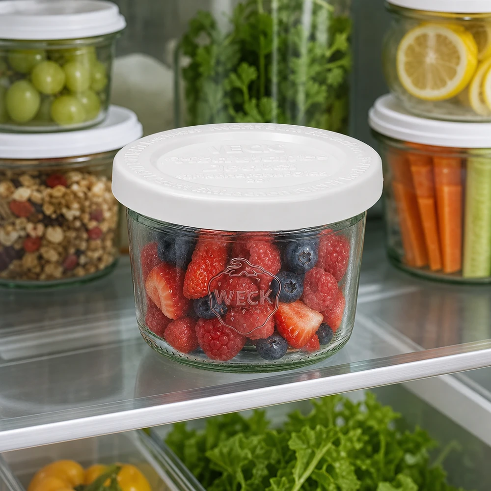 Pot renversé WECK RR60 de 80 ml avec des baies mélangées dans le réfrigérateur à côté d'autres bocaux de stockage avec des légumes et des fruits