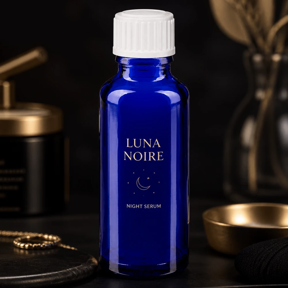 Flacon de sérum en verre bleu de 30 ml avec bouchon blanc à sécurité enfant, sur un fond sombre et luxueux