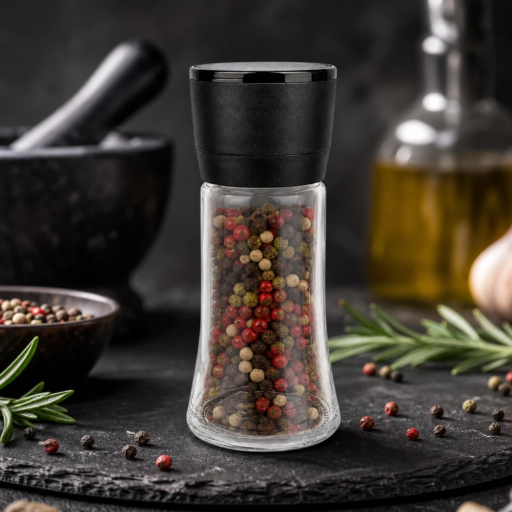 Pot à sel/épices 95 ml avec moulin Vario noir Moulin à poivre Vario 95 ml avec un mélange coloré de grains de poivre rouges, verts et noirs dans un bocal en verre