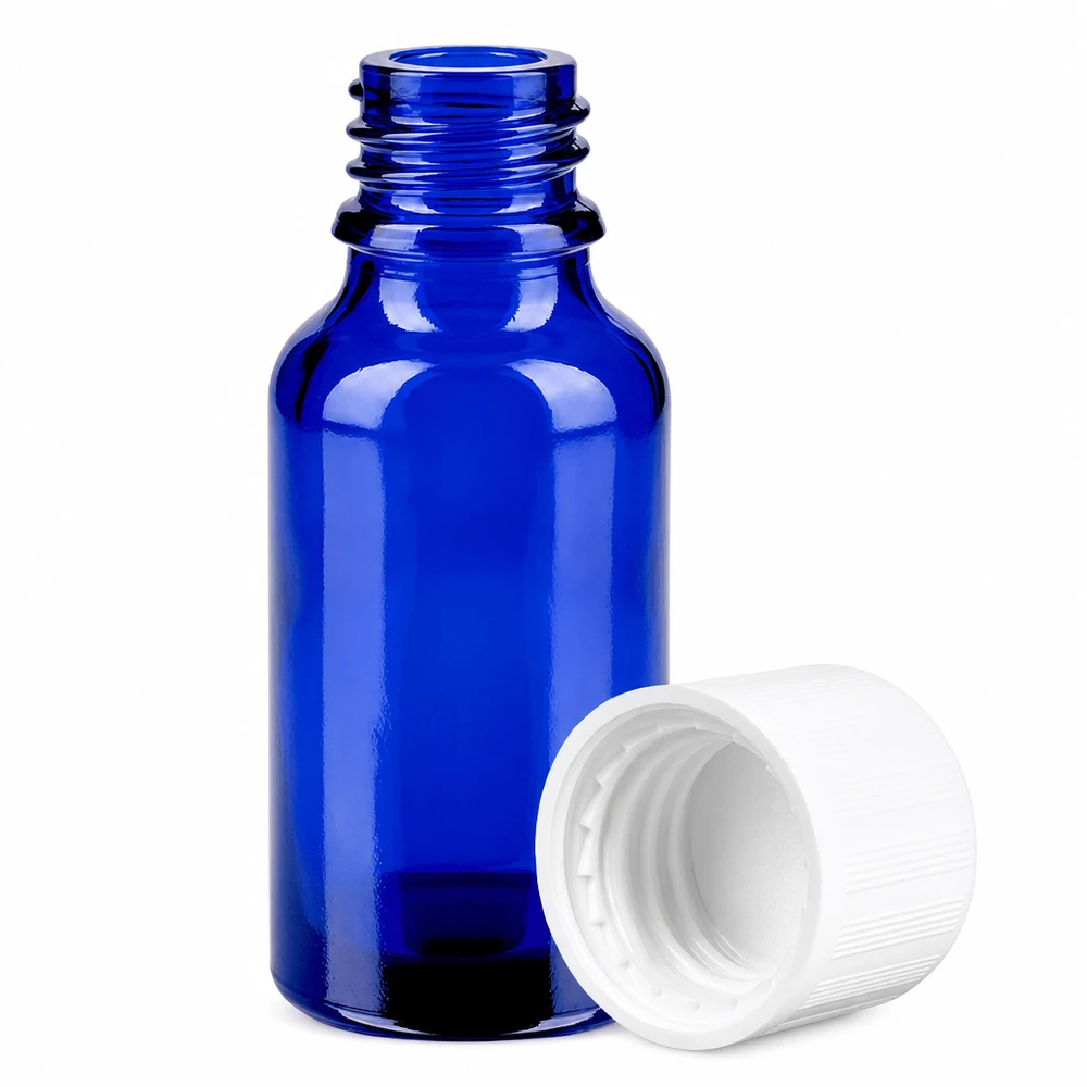 Flacon 20ml 11mm SV f. STD KiSi BlueLine UT18/20 Bouteille compacte de 20 ml en bleu cobalt avec bouchon de sécurité pour les enfants pour les gouttes et les teintures