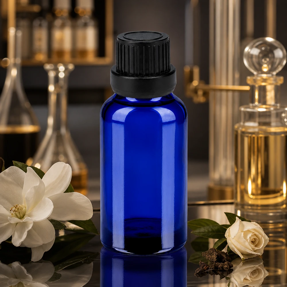 Flacon 20ml 11mm SV noir OV BlueLine UT18/20 Flacon de pharmacie de 20ml en verre bleu avec bouchon anti-gouttes pour sérums