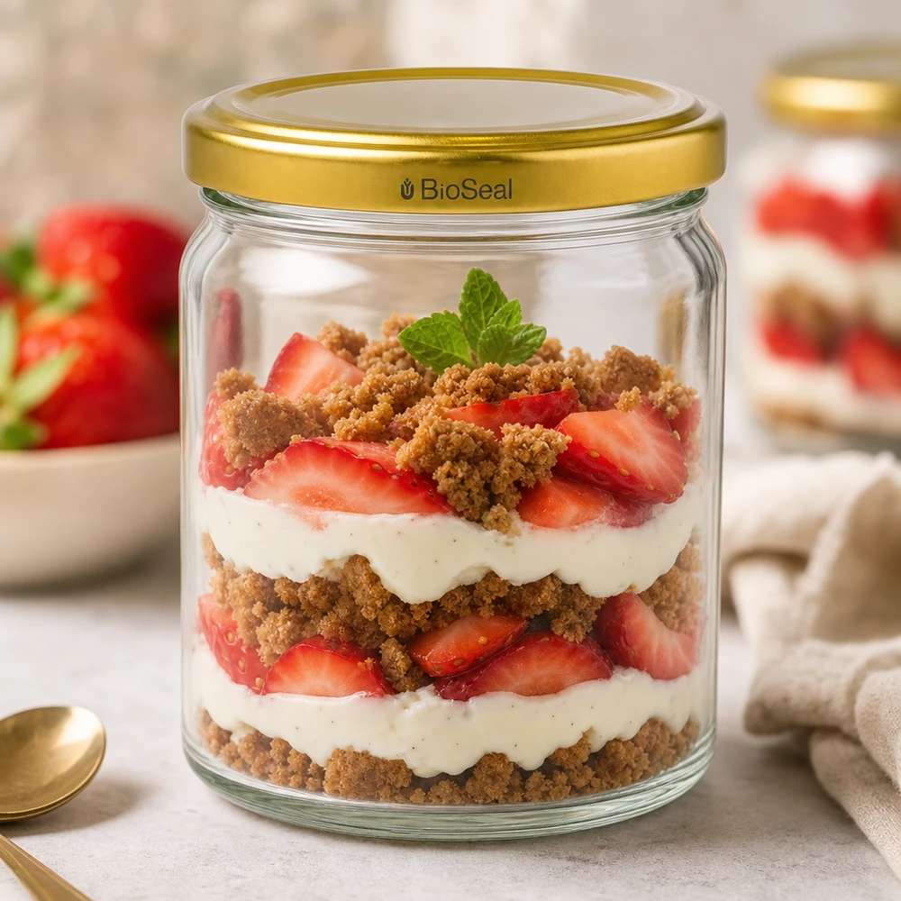 408ml Verre rond avec couvercle BioSeal or UNiTWIST UNiTWIST Runda408 Verre à dessert avec couvercle TO82 BioSeal doré pour tiramisu à la fraise avec crème fouettée