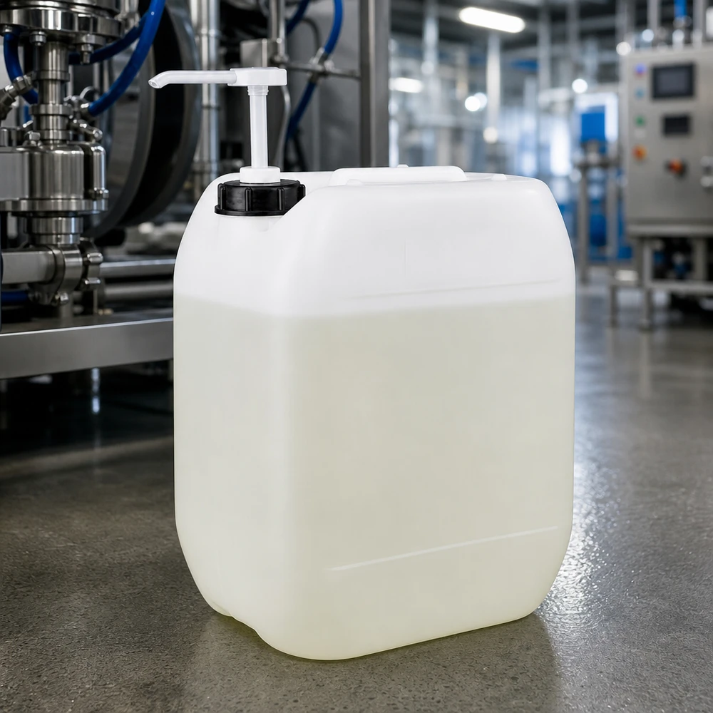 Bidon de 10 litres adapté au contact alimentaire, équipé d'un distributeur à pompe pour un dosage hygiénique dans le secteur industriel