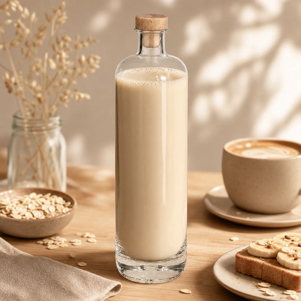 Bouteille en verre 700 ml « Ella » avec bouchon en bois UNiTWIST® Bouteille en verre Ella de 700 ml contenant du lait d'avoine crémeux et munie d'un bouchon en bois dans une scène agréable de petit-déjeuner avec des flocons d'avoine