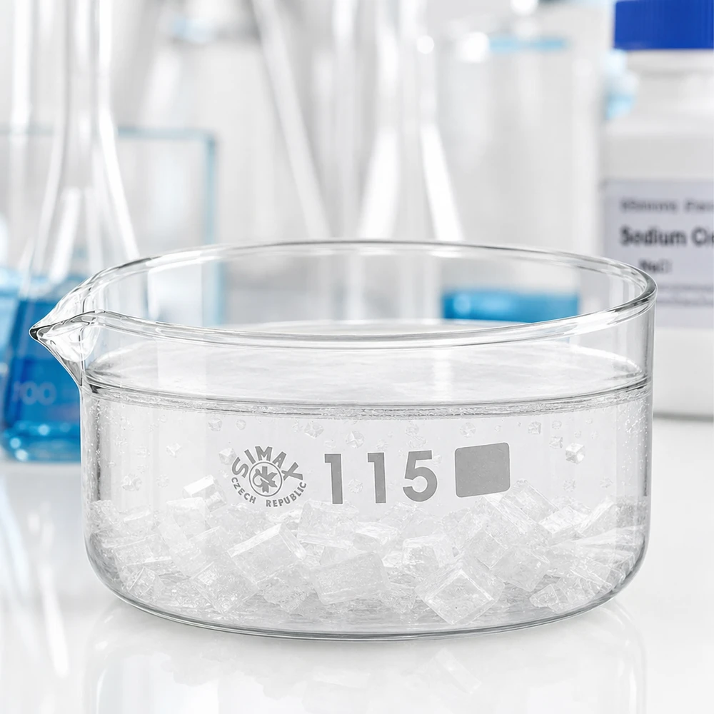 Coupelle en verre plate de 115 mm de diamètre contenant un liquide cristallin et dotée d'un bec verseur, dans un environnement de laboratoire