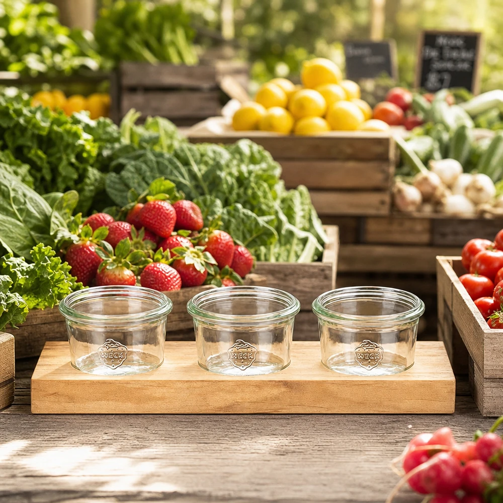 Planche de service Plano3 avec des bocaux vides Weck 80ml sur un étal de marché entre des fruits et légumes frais