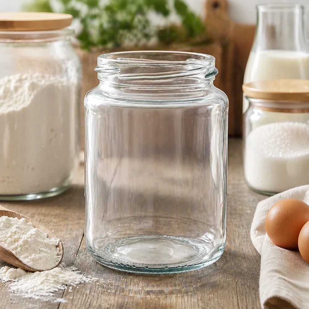 382ml Verre rond sans couvercle (TO66) UNiTWIST UNiTWIST Runda382 Bocal rond 382ml TO66 Bocal vide sur table en bois avec ustensiles de cuisine et œufs en arrière-plan