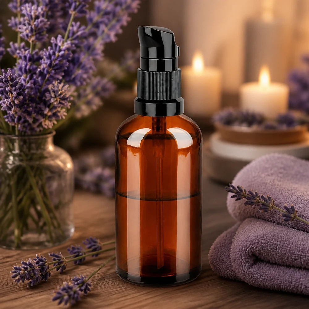 Flacon pompe 100ml noir STD BrownLine UT18/100 Élégant flacon en verre brun de 100 ml avec mécanisme de pompe noir pour les produits de beauté et de bien-être