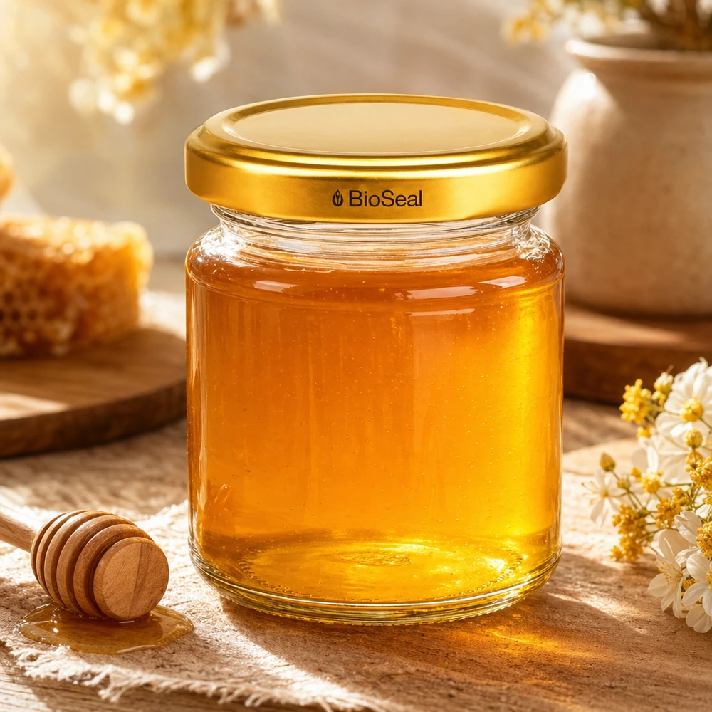 UNiTWIST Runda53 Pot à miel avec couvercle TO43 BioSeal doré rempli de miel à côté de cuillères à miel et de fleurs