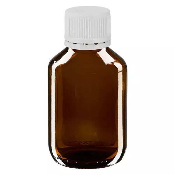 Bouteille à usage médical de 100 ml, marron, avec bouchon blanc d'origine Bouteille à usage médical de 100 ml, marron, avec bouchon blanc d'origine