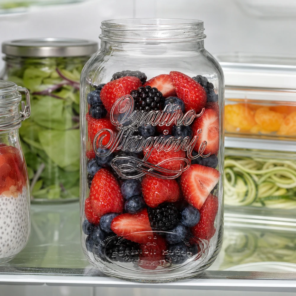 3800ml Quattro Stagioni Verre de ménage rempli de baies fraîches dans le réfrigérateur comme récipient de stockage pour les fruits