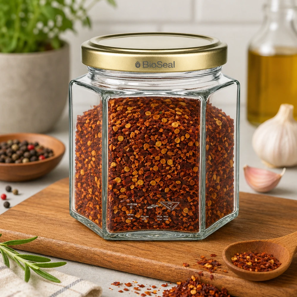 Le pot de miel BioSeal 520g rempli de flocons de piment montre une utilisation polyvalente pour les épices et les provisions