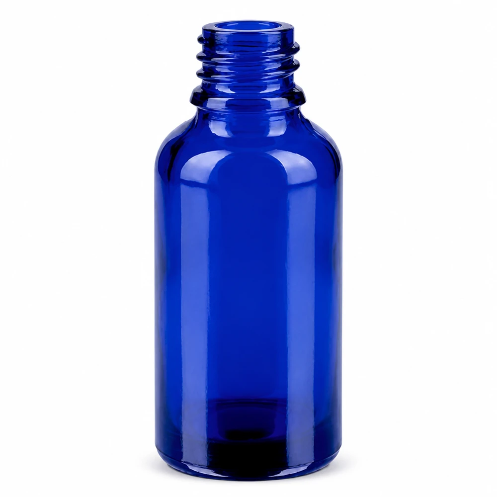 Flacon compte-goutte 30ml 0.8mm vert STD BlueLine UT18/30 Flacon compte-gouttes 30ml de haute qualité en verre bleu avec filetage UT18 et bouchon vert