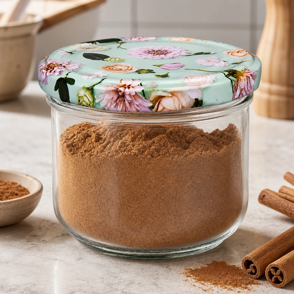 Tumbler de 260 ml + couvercle BasicSeal fleur menthe UNiTWIST Verre renversé de 260 ml avec couvercle à fleurs BasicSeal rempli d'épices en poudre à la cannelle, bâtons de cannelle comme décoration sur le comptoir de la cuisine