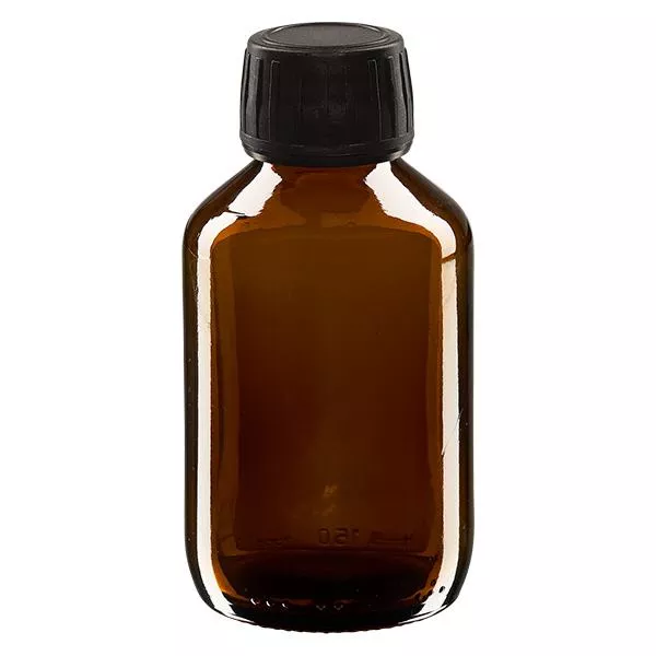 Flacon médical 150 ml couleur ambrée avec bouchon noir