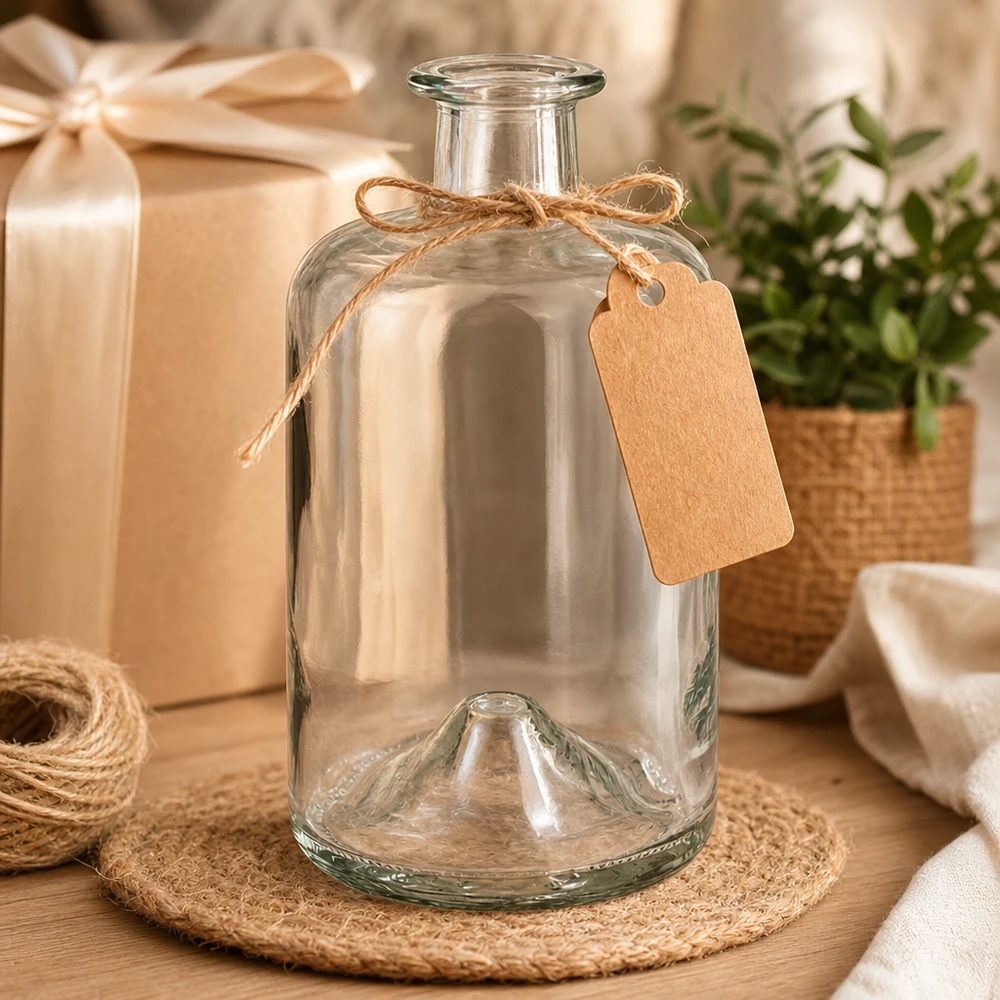 Flacon à pharmacie « 500ml Glasflasche "Sofia" ohne Verschluss UNiTWIST » 500 ml sans bouchon UNiTWIST® 500ml Glasflasche Sofia mit Kraftpapier-Anhänger Geschenkverpackung Dekoration Bastkorb Jute-Untersetzer vintage