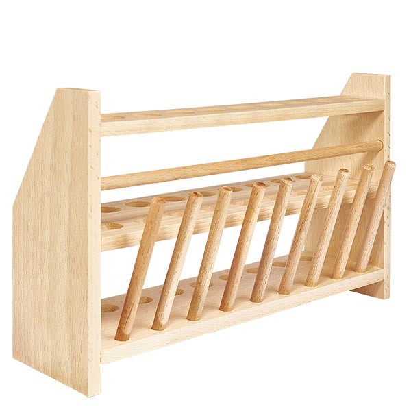 Portoirs pour tubes à essai en bois, pour tubes jusqu'à env. 18 mm Ø pour 18 tubes, avec 9 tiges