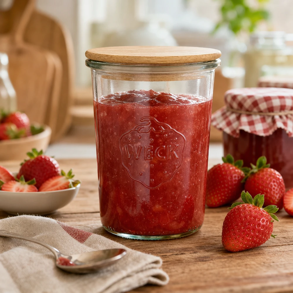 850ml bocal conique WECK RR100 avec couvercle en bois WECK Pot de conserve 850ml rempli de confiture de fraises Couvercle en bois Scène de cuisine fraises fraîches Décoration