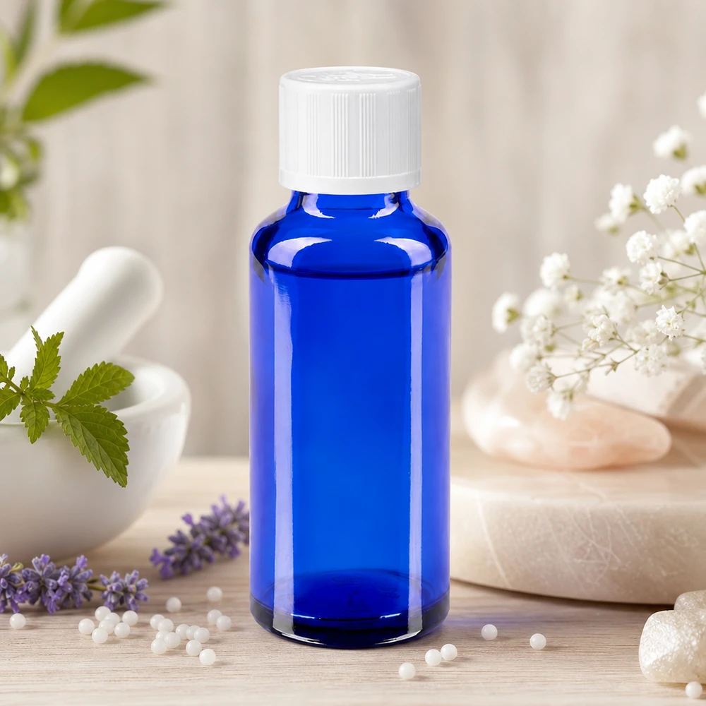 Flacon à pharmacie bleu 30ml bouchon anti-goutte blanc séc. enf. std Flacon compte-gouttes pharmaceutique de 30 ml, bleu cobalt, avec bouchon KiSi, pour huiles essentielles et teintures