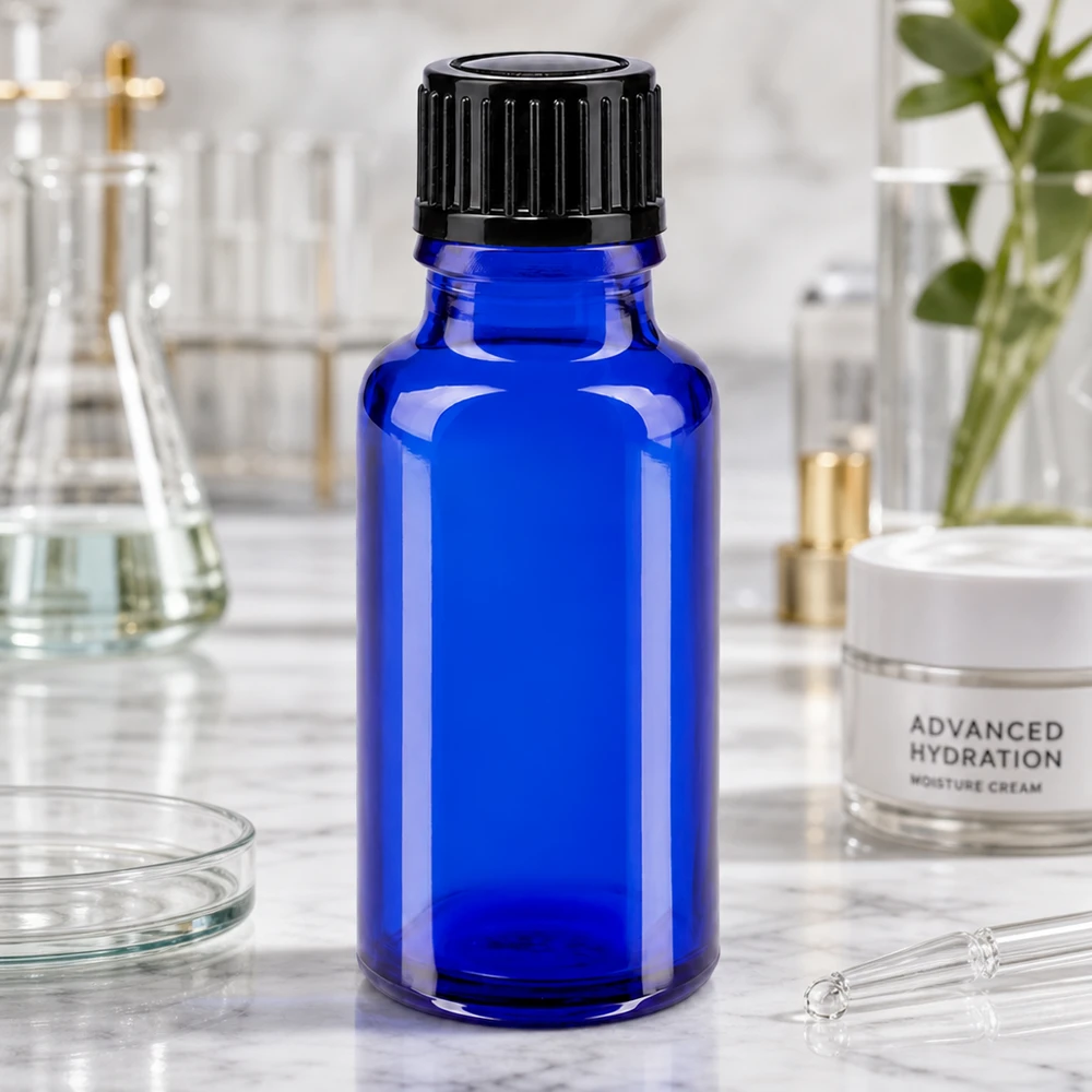 Flacon à pharmacie bleu 20ml bouchon à vis noir standard Flacon bleu de 20 ml avec verre anti-UV et bouchon noir de 11 mm pour produits cosmétiques
