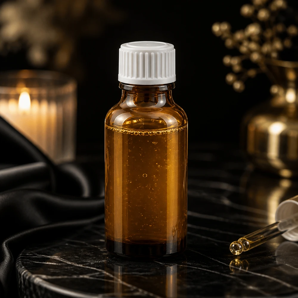 Flacon de pharmacie de 20 ml en verre ambré avec compte-gouttes STD de 0,9 mm, à la lueur d'une bougie