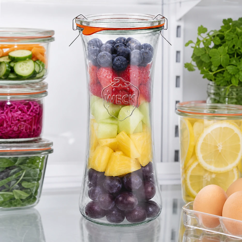 WECK Pot de délicatesse 700ml RR80 rempli de salade de fruits multicolore, bocal à fermeture à étrier pour fruits frais