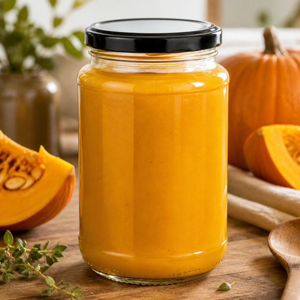 Purée de potiron maison dans un bocal UNiTWIST de 320 ml, avec des tranches de potiron fraîches en arrière-plan