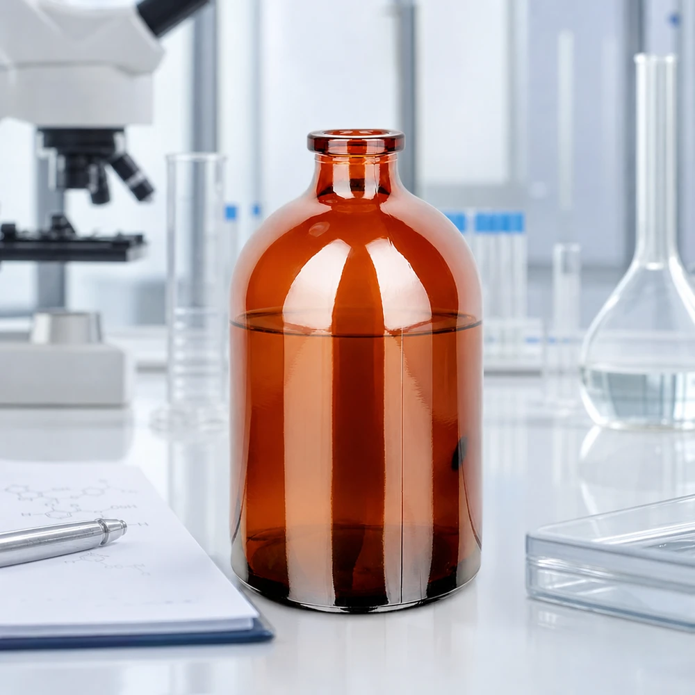 Flacon pour solution injectable, 100 ml en verre ambré Lichtgeschützte Injektionsflasche 100ml aus Braunglas mit transparentem Trichter und Petrischale