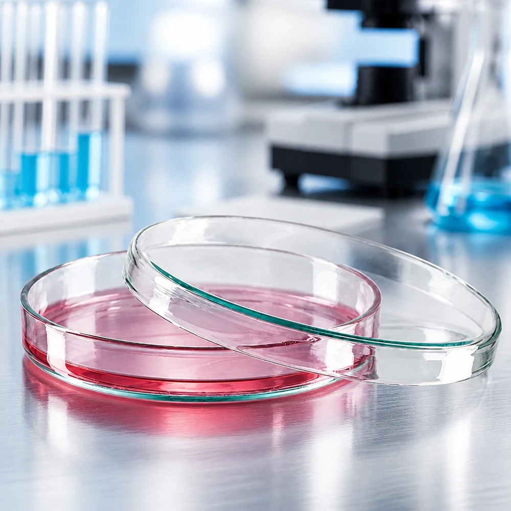 Boîte de Pétri en verre de 100 mm contenant un milieu de culture cellulaire DMEM rose pour la culture cellulaire in vitro