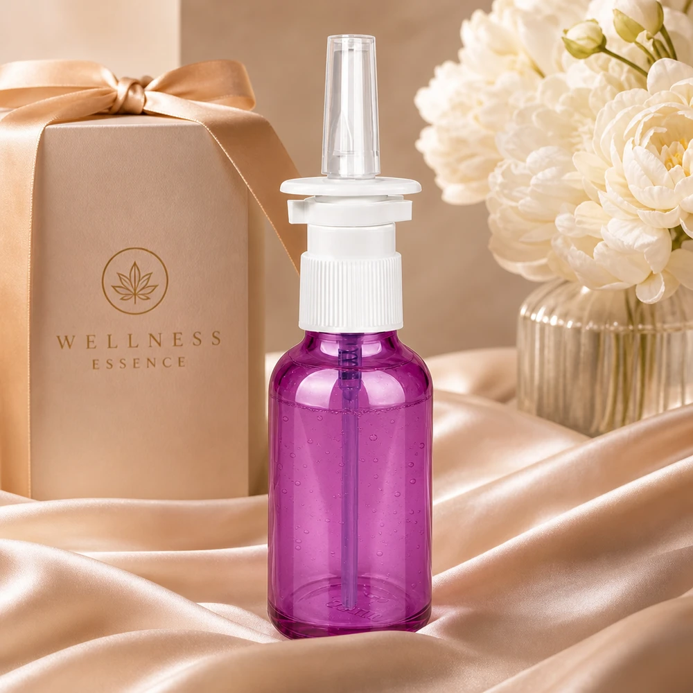 Bouteille de spray nasal Purple 30 ml pratique avec applicateur blanc pour une utilisation hygiénique et facile