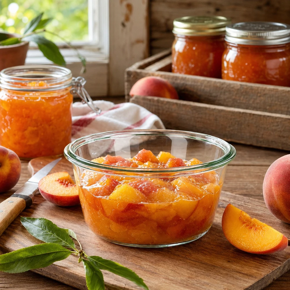 290ml bocal gourmet WECK RR100 WECK RR100 290ml Pot gourmand rempli de confiture de pêches sur une planche en bois à côté de pêches fraîches dans une cuisine rustique