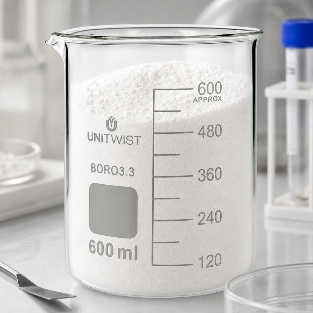 Bécher de laboratoire 600 ml UNiTWIST, modèle bas, avec matière solide blanche et spatule, posé sur une paillasse en marbre