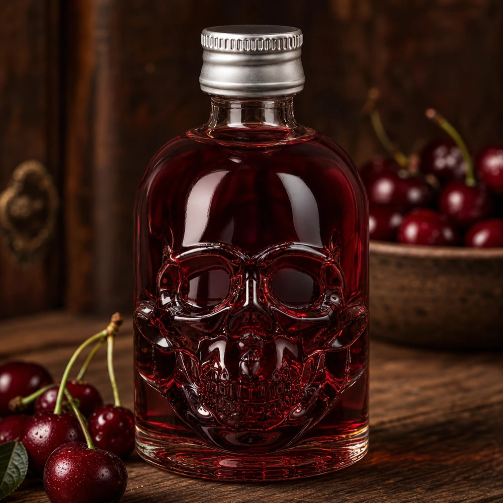 Bouteille en verre Hector de 50 ml avec liquide rouge à la cerise et bouchon argenté entre des cerises fraîches sur une table en bois