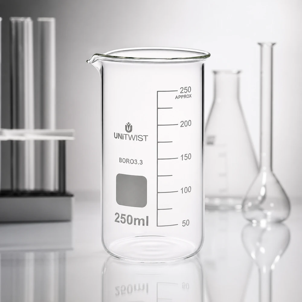 UNITWIST Matériel de laboratoire : bécher en verre de 250 ml, forme haute, avec des tubes à essai et des fioles jaugées en arrière-plan