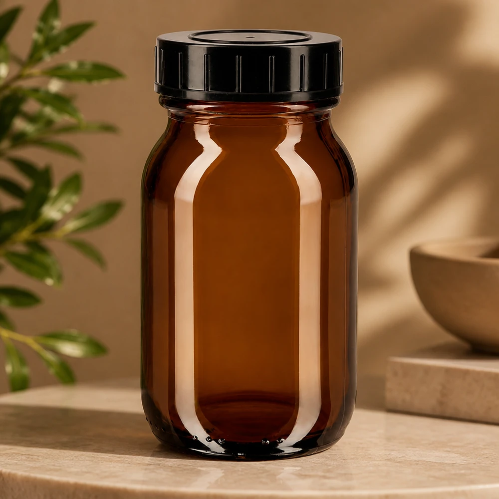 Flacon de pharmacie de 100 ml en verre brun anti-UV avec bouchon noir étanche