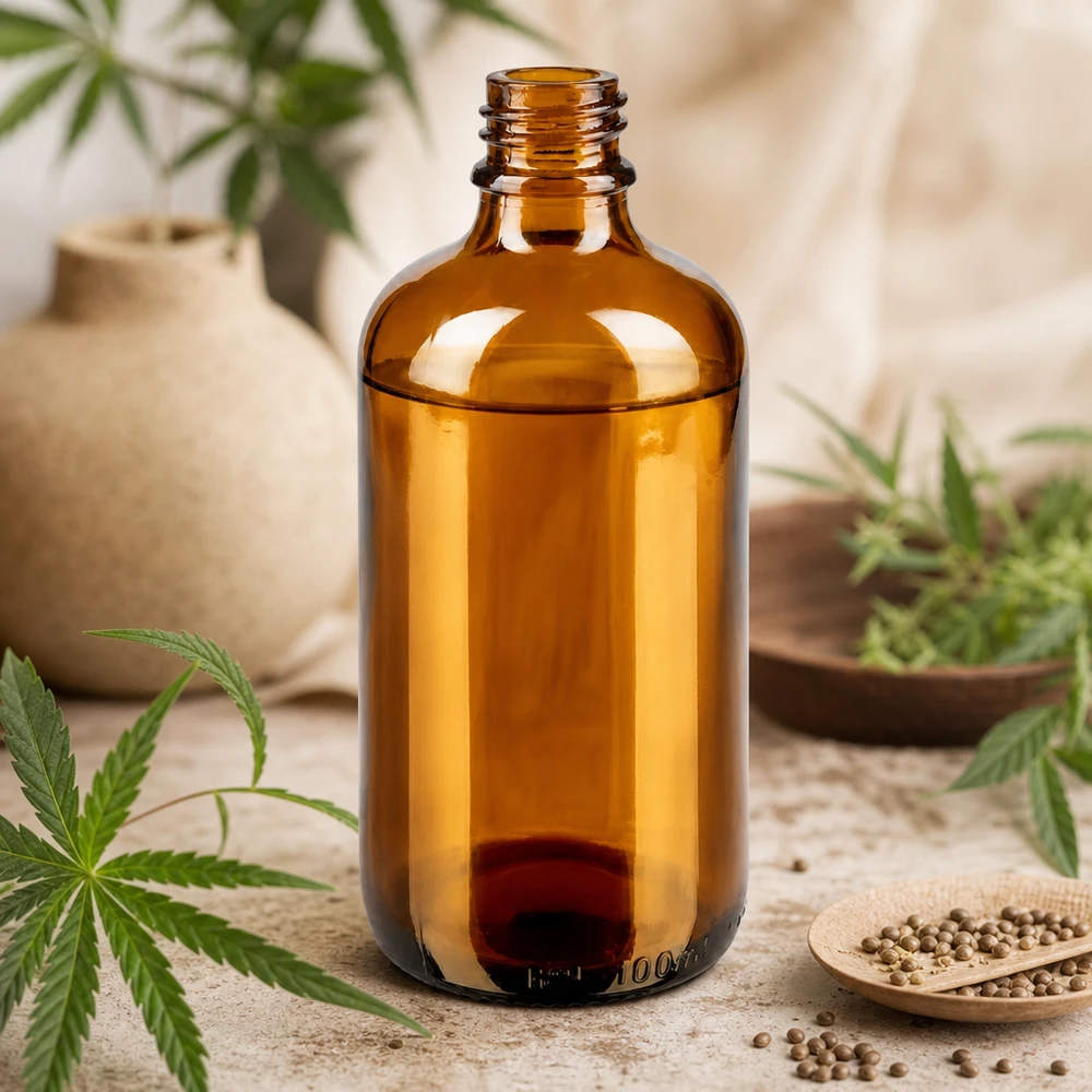 Flacon à pharmacie marron 100ml ApoGlas Bouteille de pharmacie brune de 100ml ApoGlas avec des plantes de cannabis de chanvre et des graines de coriandre sur une table en bois