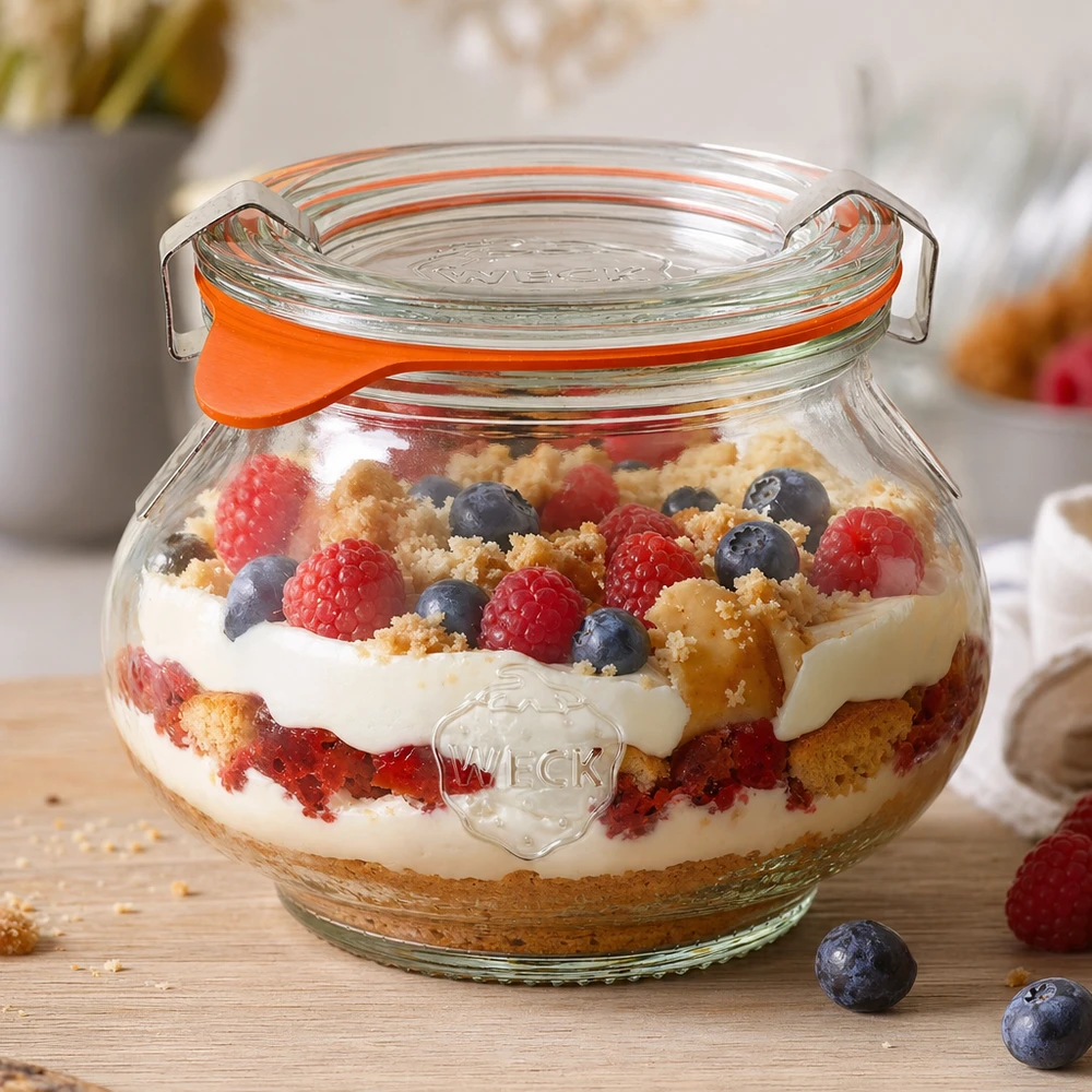 WECK Verre à bijoux 220ml RR60 comme verre à dessert avec dessert stratifié aux baies, utilisation créative pour trifle et desserts