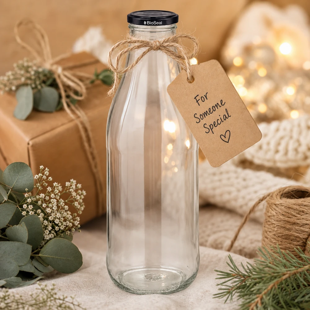 1000ml Bouteille avec couvercle BioSeal noir UNiTWIST Bouteille en verre de 1000 ml avec couvercle noir Emballage cadeau Pendentif en corde de jute Décoration durable respectueuse de l'environnement