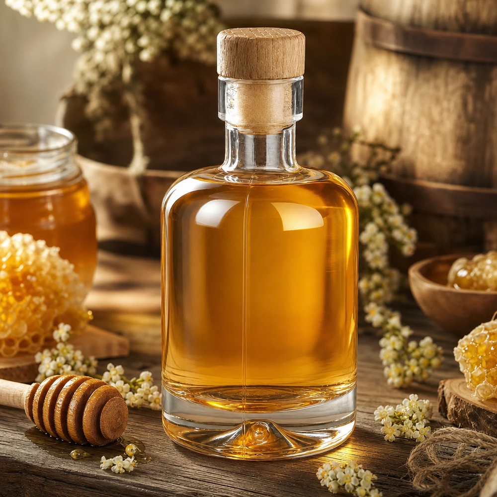 Bouteille en verre 50 ml « Amelie » avec bouchon en bois UNiTWIST Bouteille en verre Amélie de 50 ml remplie de miel entourée de nid d'abeille dipper au miel et de fleurs séchées mise en scène rustique