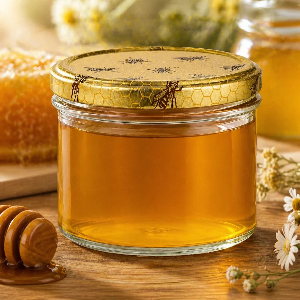 Pot de miel de 250g avec couvercle en nid d'abeille rempli de miel doré à côté d'une cuillère à miel et de fleurs de camomille